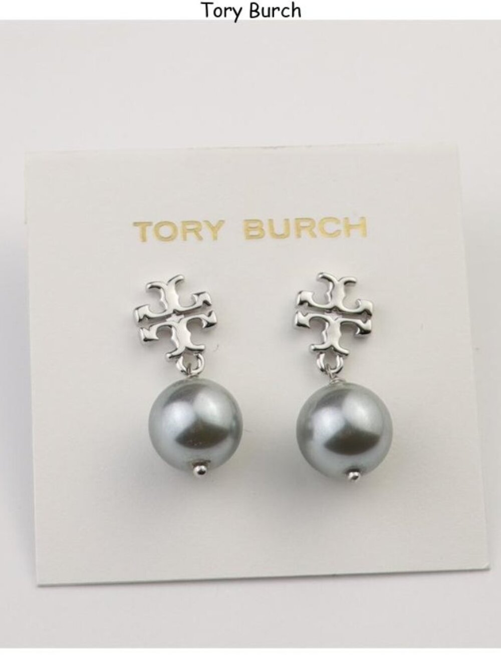 Tory Burch Silver-Tone Logo Drop Bracelet with Gray Pearl